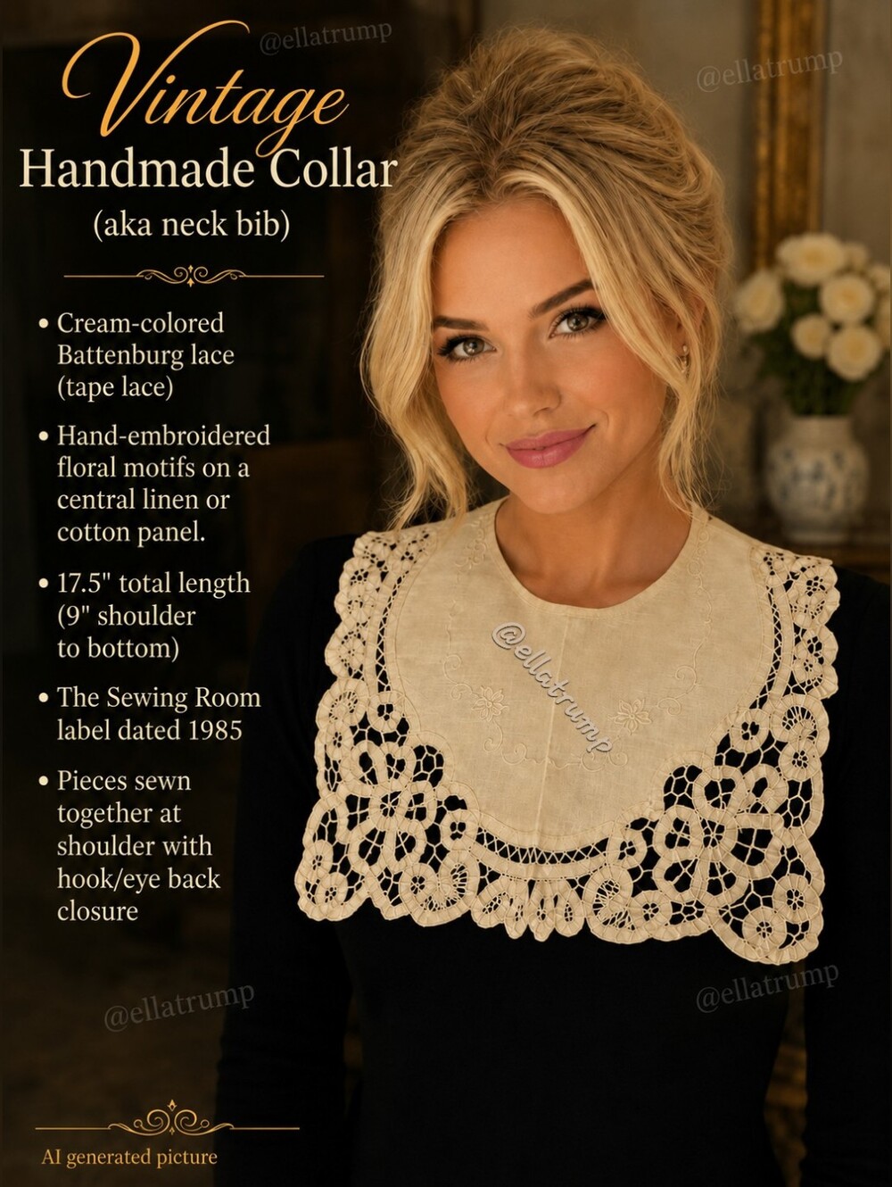 Vintage Lace Collar (neck bib) 17.5" length (9" from shoulder)